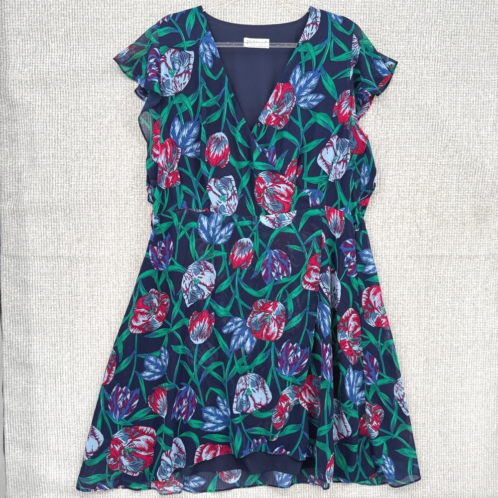 Vintage Floral Wrap Dress Sz 2X Flutter Sleeve V Neck Navy Blue Fairy Cottage